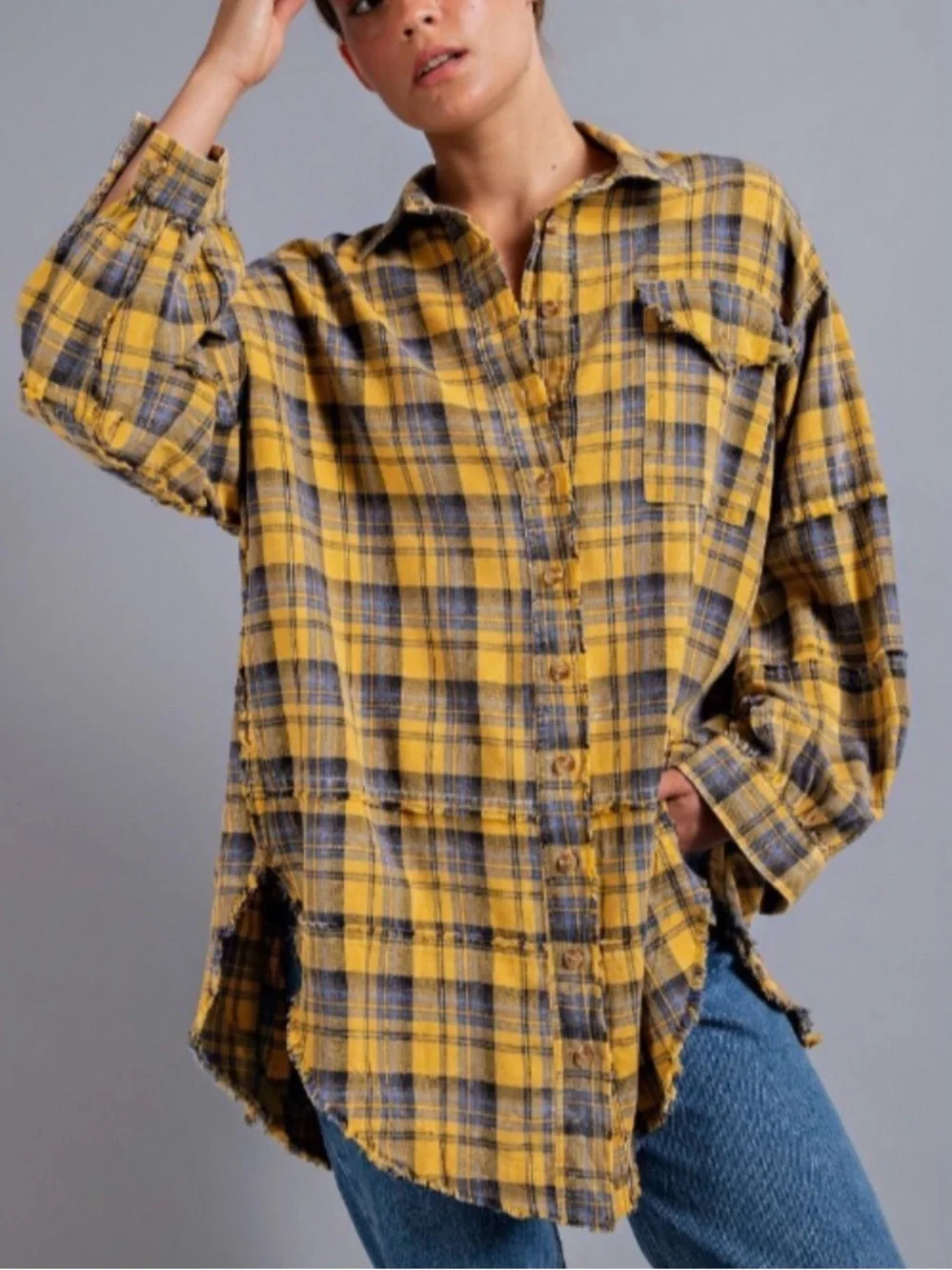 Easel Yellow Plaid Oversized Shacket Button Front Distressed Flannel Top Large - Picture 3 of 8